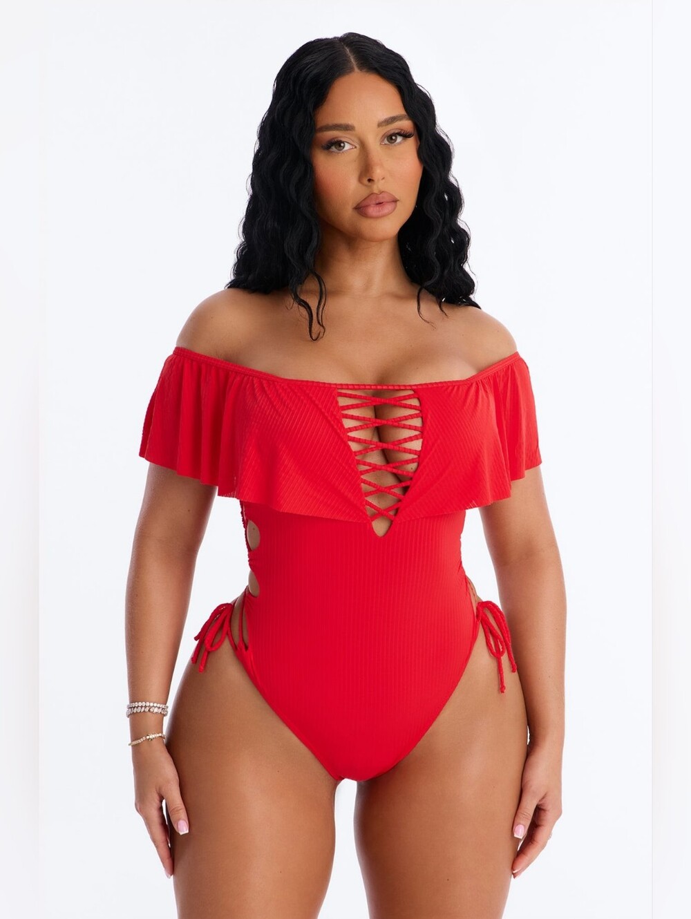 Take One Shoulder Ruffle Sleeve Lace Down Ribbed 1 Piece Swimsuit - (S)